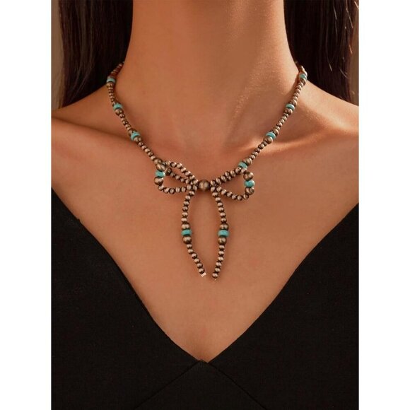 🆕 Women Blue Western Bow Pearl Necklace Trendy Dainty Cowgirl Birthday Jewelry - Picture 5 of 7